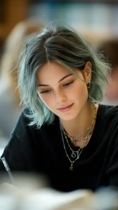 Pastel Green Face Frames on Dark Bob - Hair color ideas for school