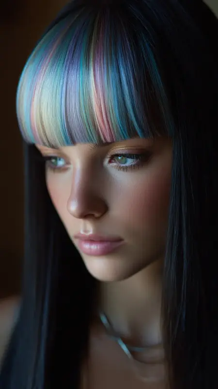 Pastel Rainbow Bangs on Straight Black Hair - Hair color ideas for school