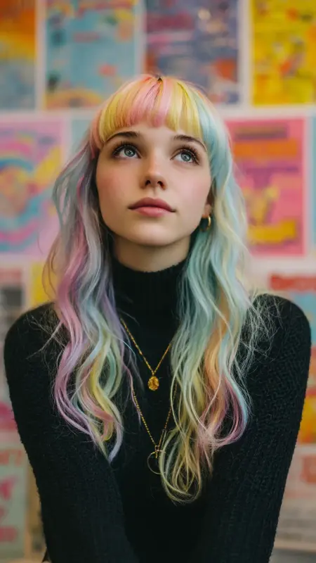 Pastel Rainbow Bangs with Natural Hair - Hair color for college students