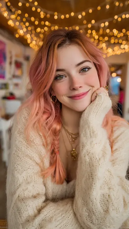Peachy Pink Ends on Natural Brown Base - Hair color for college students