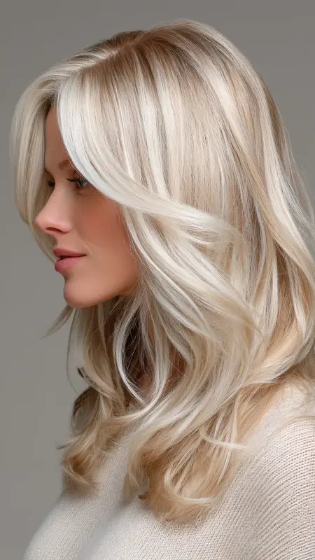 Pearl Blonde with Soft Shadow Roots - Hair color ideas for women over 50