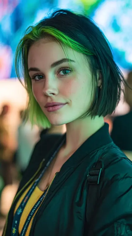 Peekaboo Neon Green Under Dark Bob - Hair color for college students