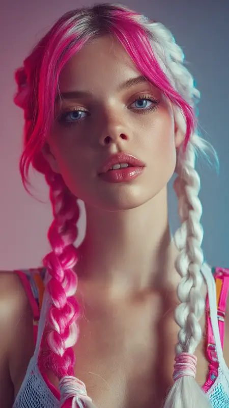 Pigtail Braids - Neon Pink Arctic White - Two hair colors split