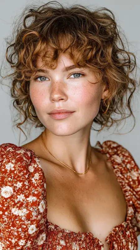 Pixie with Curly Curtain Bangs - Short curly pixie haircuts