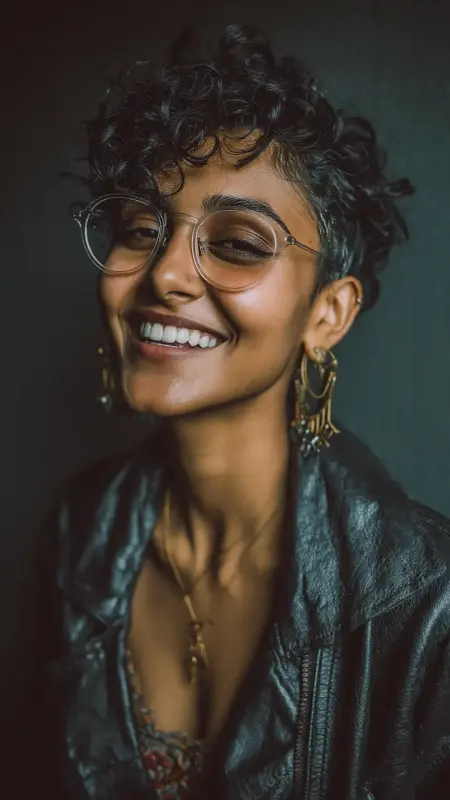Playful Pixie Curls - short curly hair with glasses