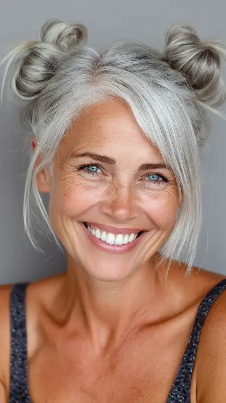 Playful Silver Space Buns - gray hair styles for women over 50