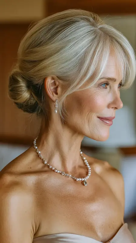 Polished Chignon with Face-Framing Bangs - hairstyles for women over 70 with bangs