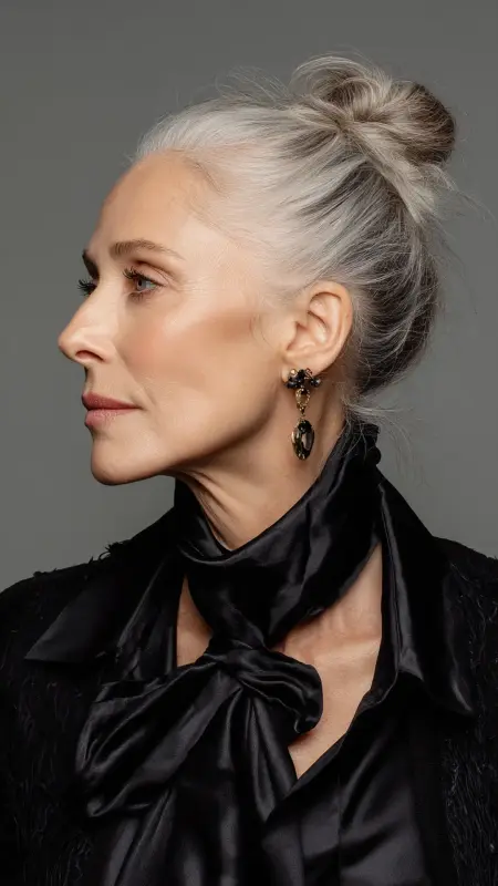 Polished Top Knot or Mini Bun - Hairstyles for women over 70 with thinning hair