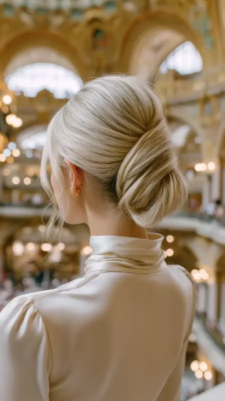 Porcelain Ash Blonde - Regal Twist Bun - Old money hair color
