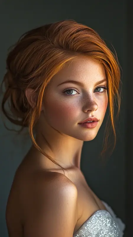 Whispering Auburn Elegance: The Dreamy Waves Updo - Prom Hairstyles for Strapless Dresses