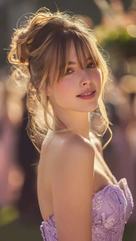 Cascading Dream: Whimsical Updo with Flirty Bangs - Prom Hairstyles for Strapless Dresses