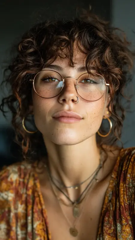 Retro Curly Shag - short curly hair with glasses