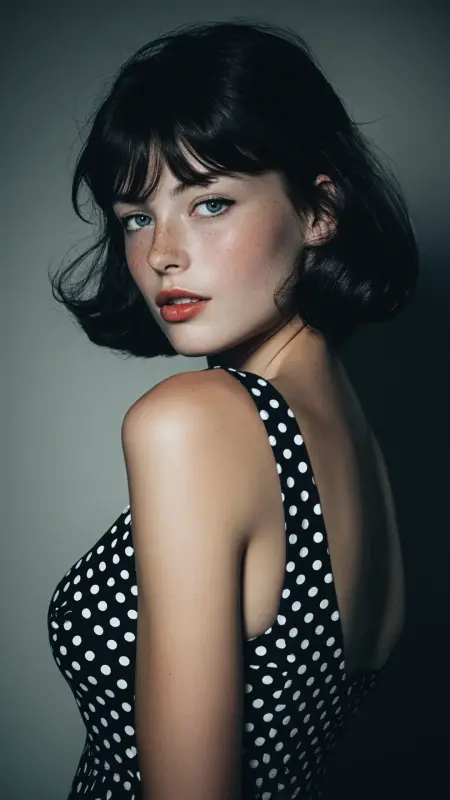 Retro Flip Ends with Curtain Bangs - long curtain bangs round face
