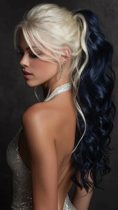 Retro High Pony - Icy Blonde Midnight Blue - Two hair colors split
