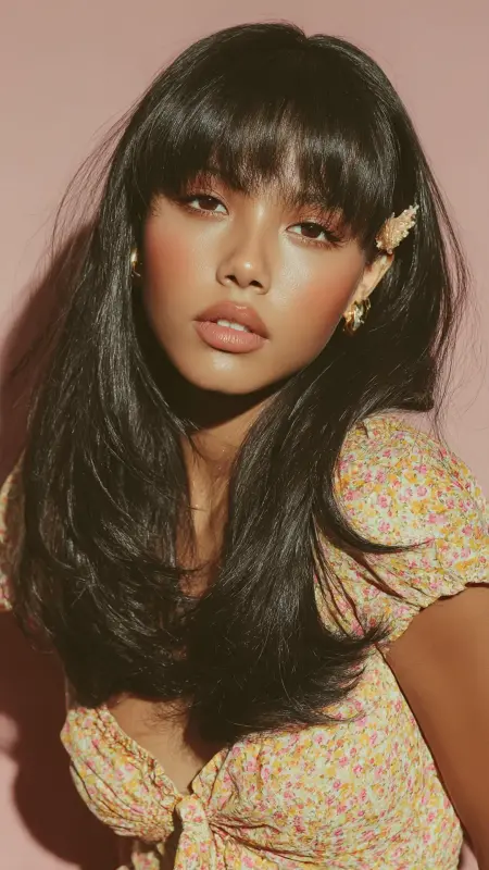 Retro-Inspired Flip Ends - long straight hair with curtain bangs