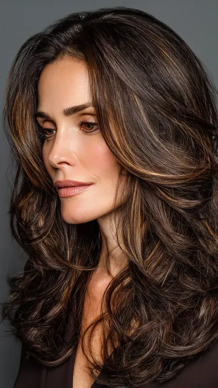 Rich Chocolate Brown with Caramel Highlights - Hair color ideas for women over 50