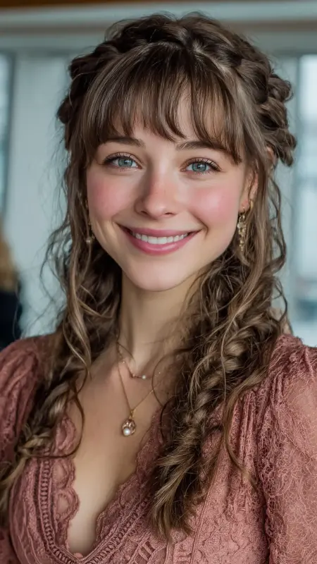 Romantic Braided Crown with Curtain Bangs - long curtain bangs round face