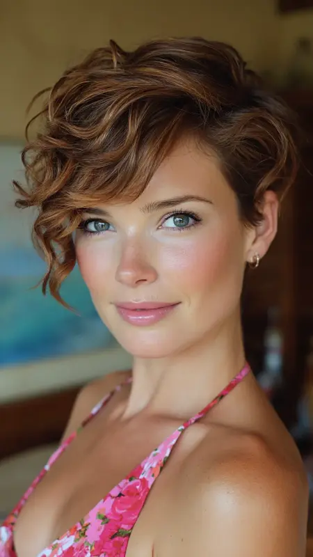 Romantic Curly Pixie with Side-Swept Bangs - Short pixie haircuts for curly hair