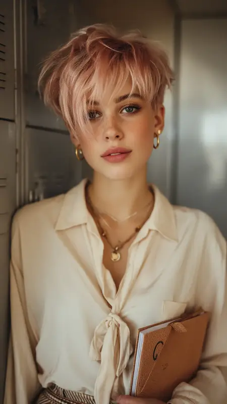 Rooted Rose Gold Pixie - Hair color ideas for school
