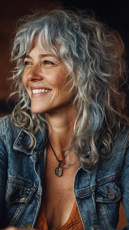 Salt-and-Pepper Layered Shag - hair color ideas for women over 70