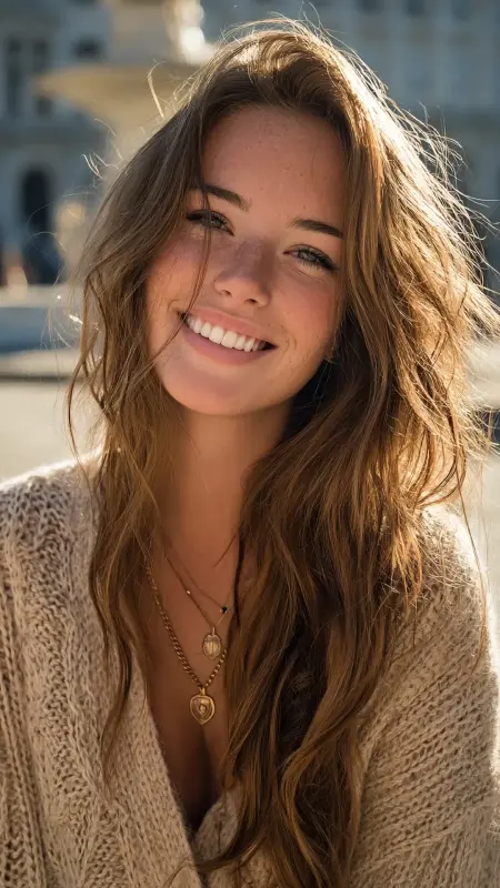 Sandy Beige Highlights on Long Layers - Hair color for college students