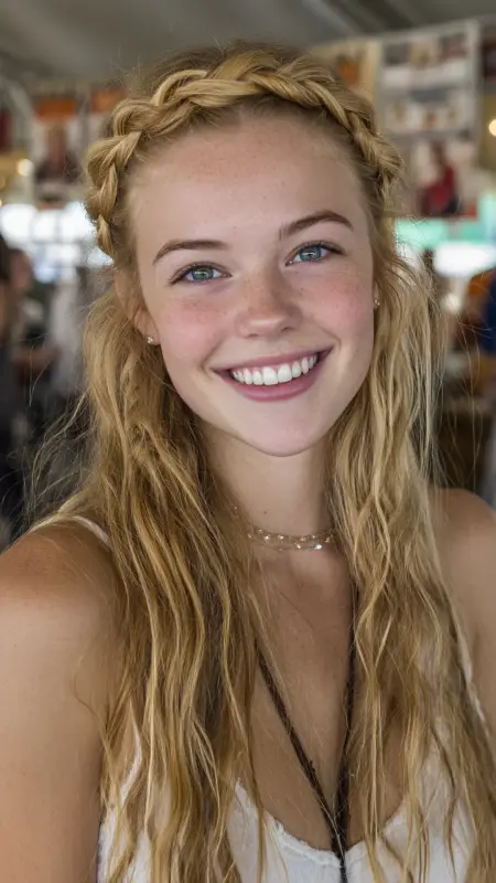Sandy Blonde Braided Crown on Natural Brunette - Hair color ideas for school