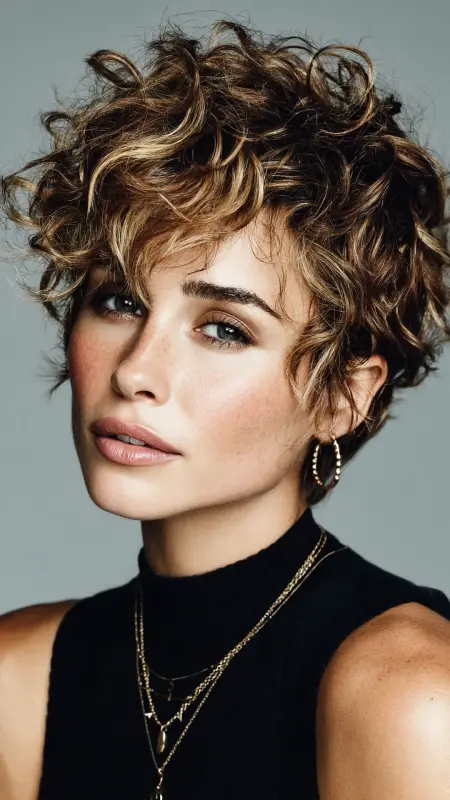 Sculpted Pixie with Crown Highlights - Short pixie haircuts for curly hair
