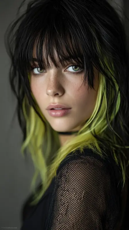 Shag Cut with Bangs - Black Neon Green - Two hair colors split