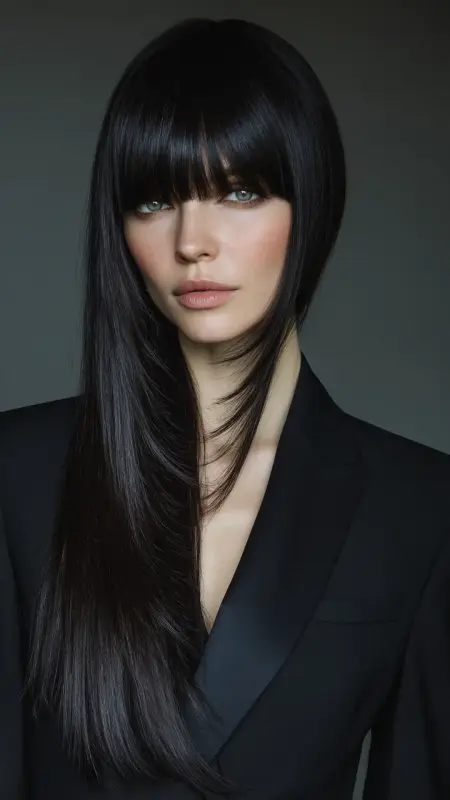 Sharp Asymmetric Part - long straight hair with curtain bangs
