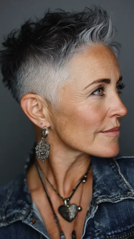 Shaved Undercut Pixie with Bold Top - Undercut pixie haircut for older women