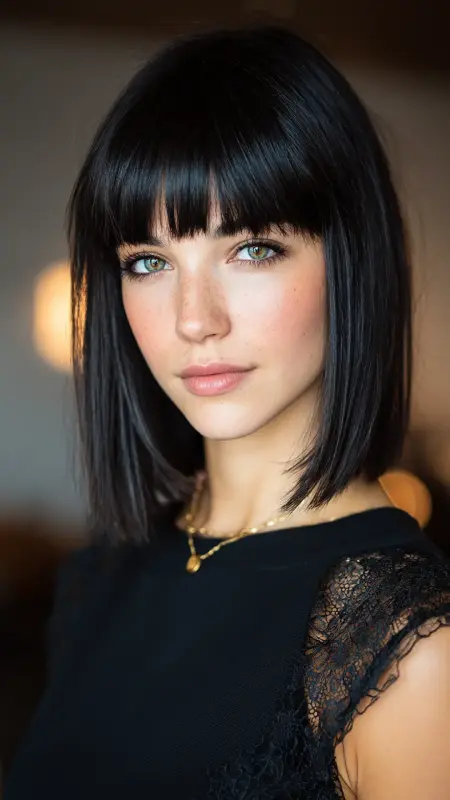 Shoulder-Length Blunt Cut with Bangs - Shoulder length haircut for round faces