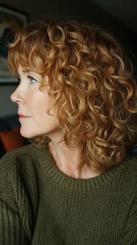 Shoulder-Length Curly Cut with Soft Bangs - Haircuts for women over 50 with bangs