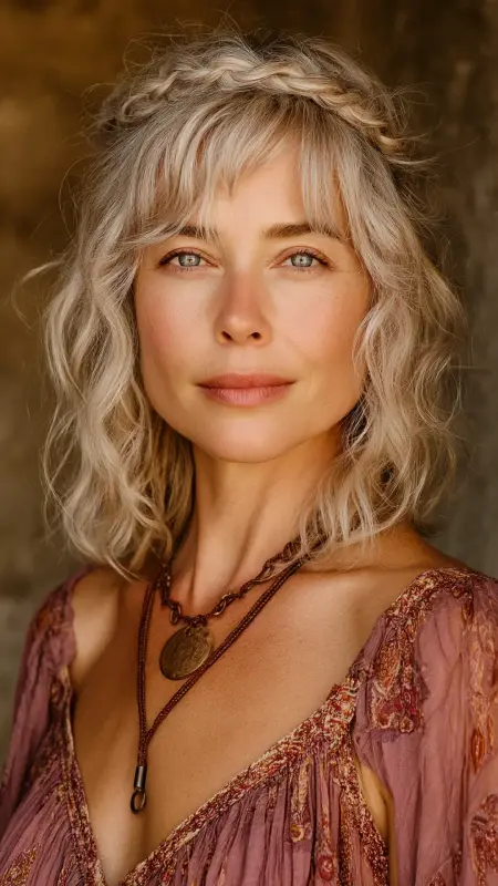 Shoulder-Length Cut with Boho Braided Crown - Shoulder Length Haircuts For Women Over 60