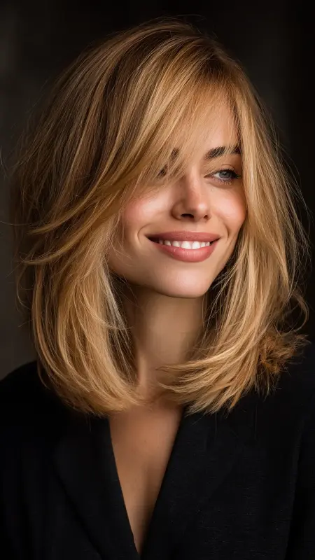 Shoulder-Length Cut with Deep Side Part and Volume - Medium length haircut for round faces