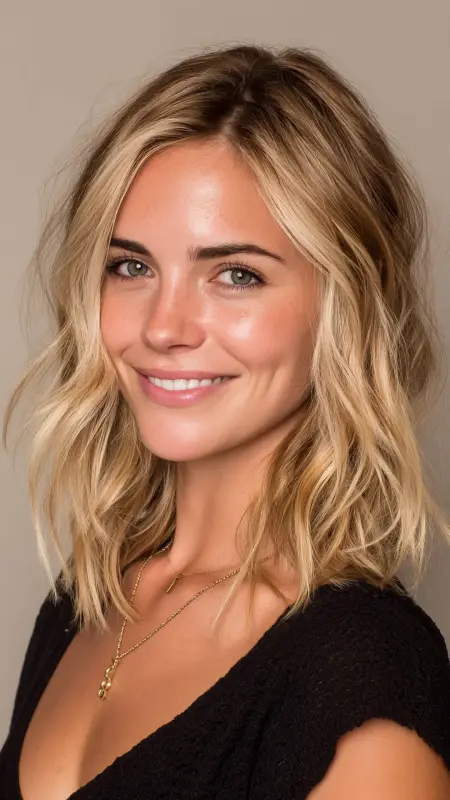 Shoulder-Length Cut with Layered Waves - Shoulder length haircut for round faces