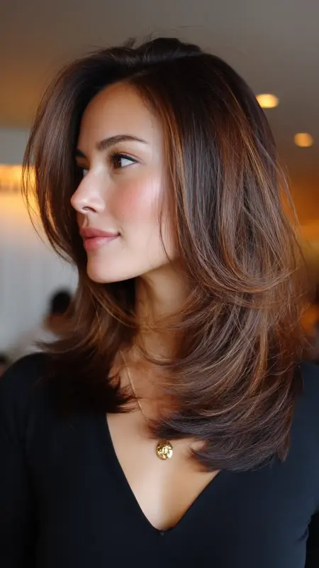 Shoulder-Length Cut with Long Layers and Side Part - Shoulder length haircut for round faces