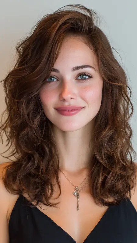 Shoulder-Length Cut with Loose Spiral Waves - Shoulder length haircut for round faces