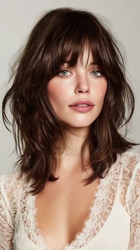 Shoulder-Length Cut with Wispy Bangs - Shoulder length haircut for round faces