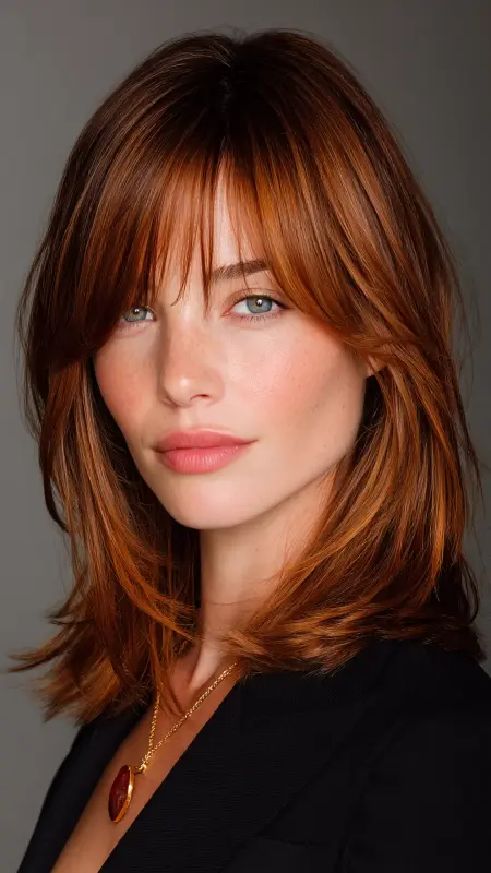 Shoulder-Length Lob with Swoopy Bangs - Shoulder length haircut for round faces