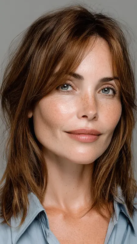 Shoulder-Length Straight Cut with Curtain Bangs - Haircuts for women over 50 with bangs