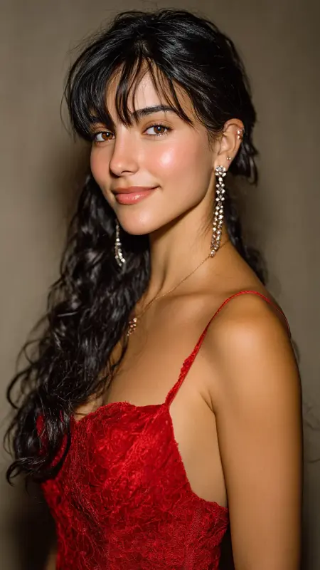 Side-Swept Curtain Bangs with Loose Curls - long curtain bangs round face