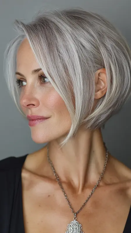 Silver Asymmetrical Bob - gray hair styles for women over 50