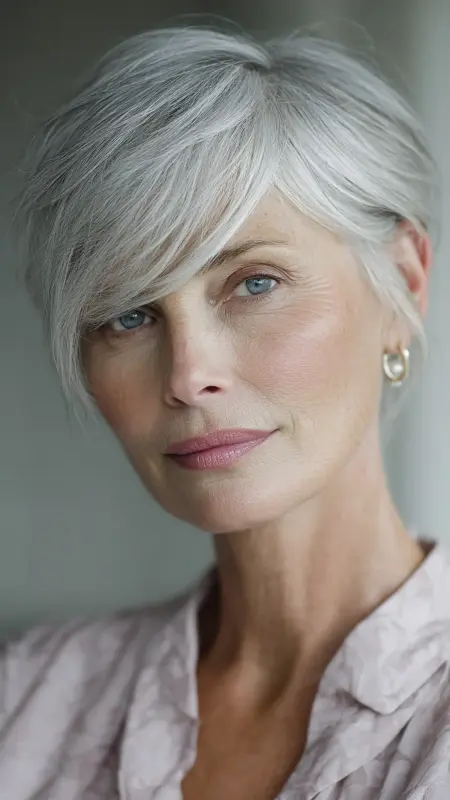 Silver Blonde Crop with Side-Swept Bangs - hair color ideas for women over 70
