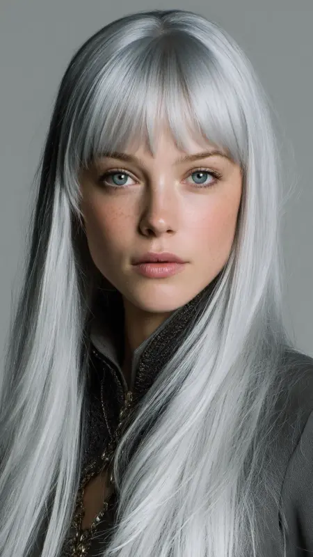 Silver Blunt Fringe -  silver hair color ideas 