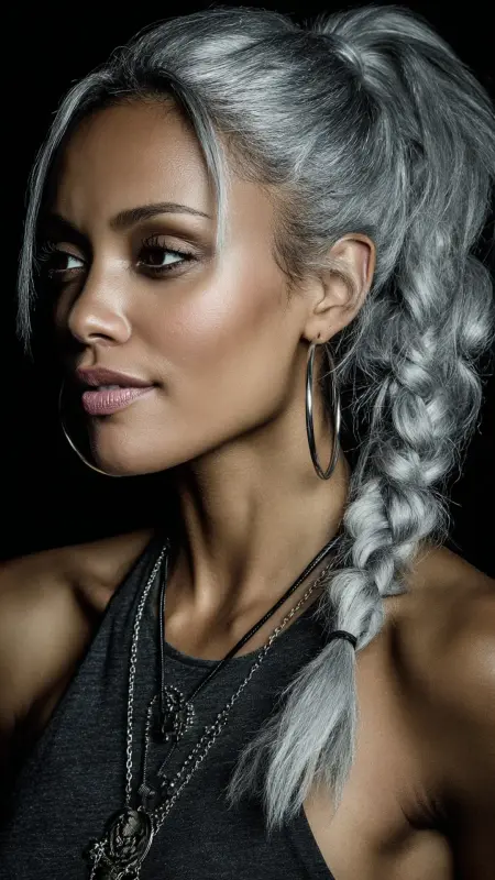 Silver Braided Ponytail -  silver hair color ideas 