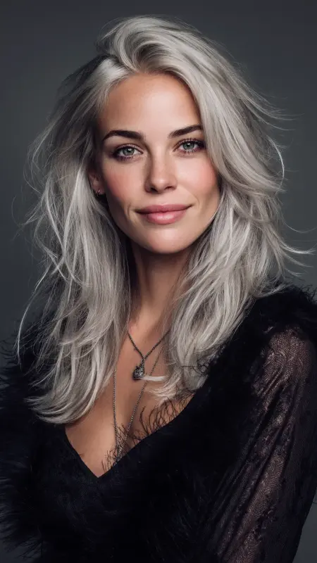 Silver Feathered Layers -  silver hair color ideas 