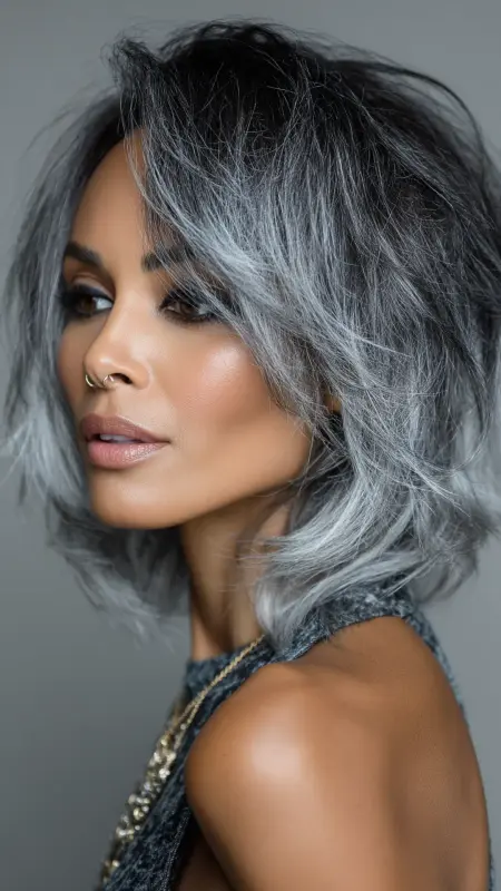 Silver Frosted Tips on a Layered Bob - Silver highlights