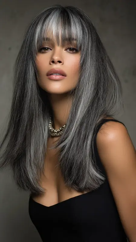 Silver Highlights on Blunt-Cut Bangs - Silver highlights