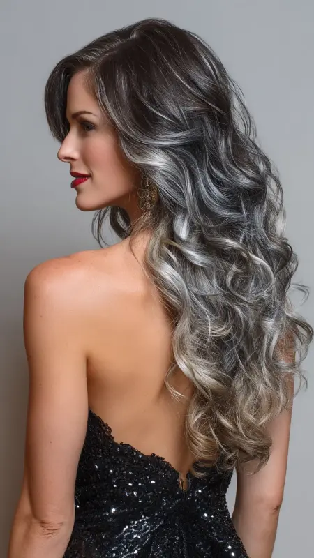 Silver Ombre on Long Curls - Silver highlights