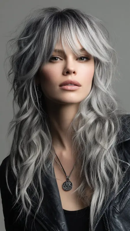 Silver Shag with Curtain Bangs - Silver highlights